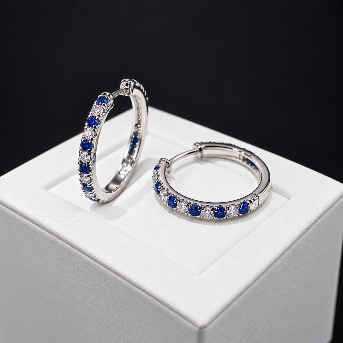 925 Sterling Silver Blue Sapphire CZ & Clear CZ 18.5mm Hoop Earrings