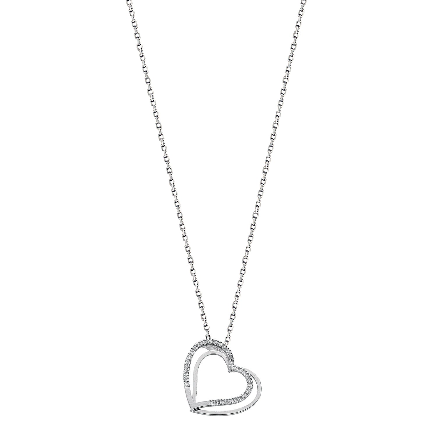 9ct White Gold 0.15ct Diamond Double Heart Pendant with Chain