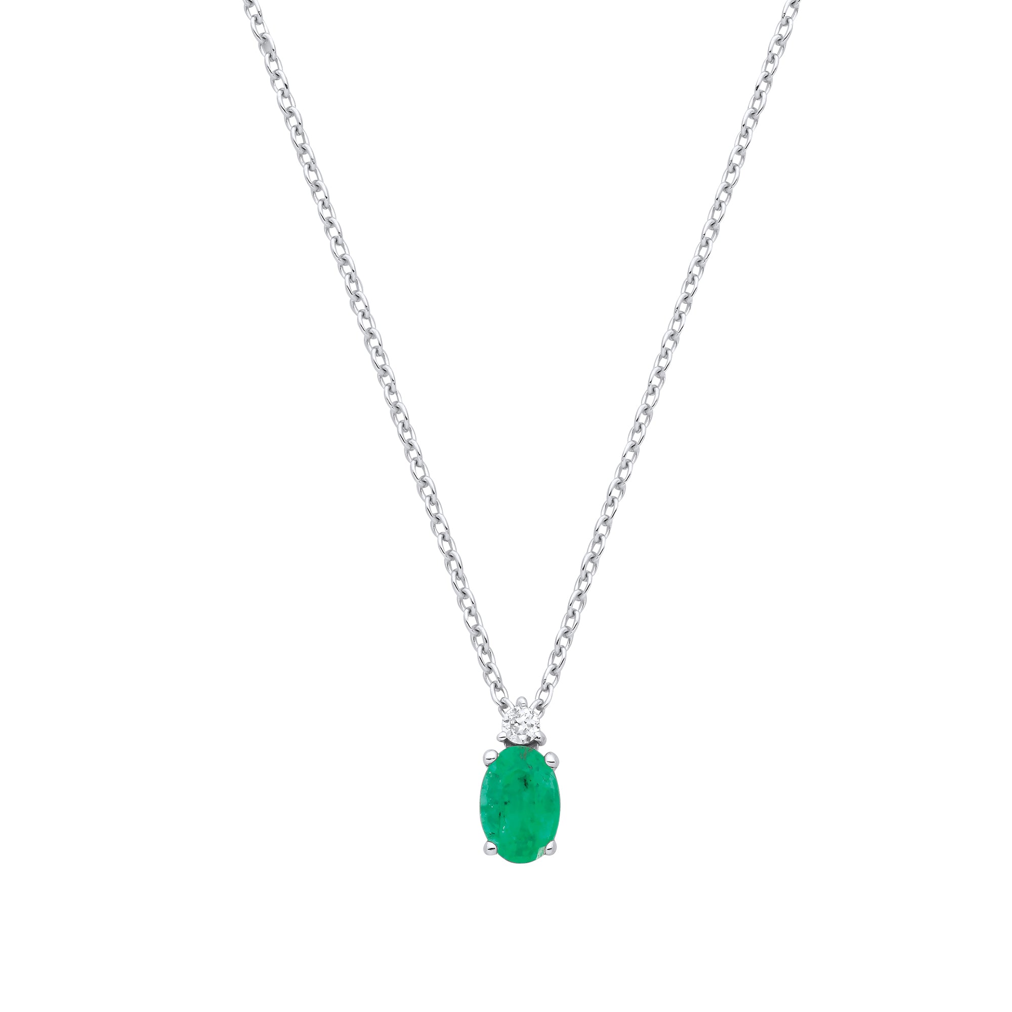 9ct White Gold Diamond 0.03ct & Emerald 0.38ct Necklace