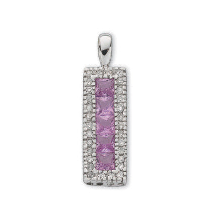 9ct White Gold Diamond & Pink Sapphire Drop Pendant