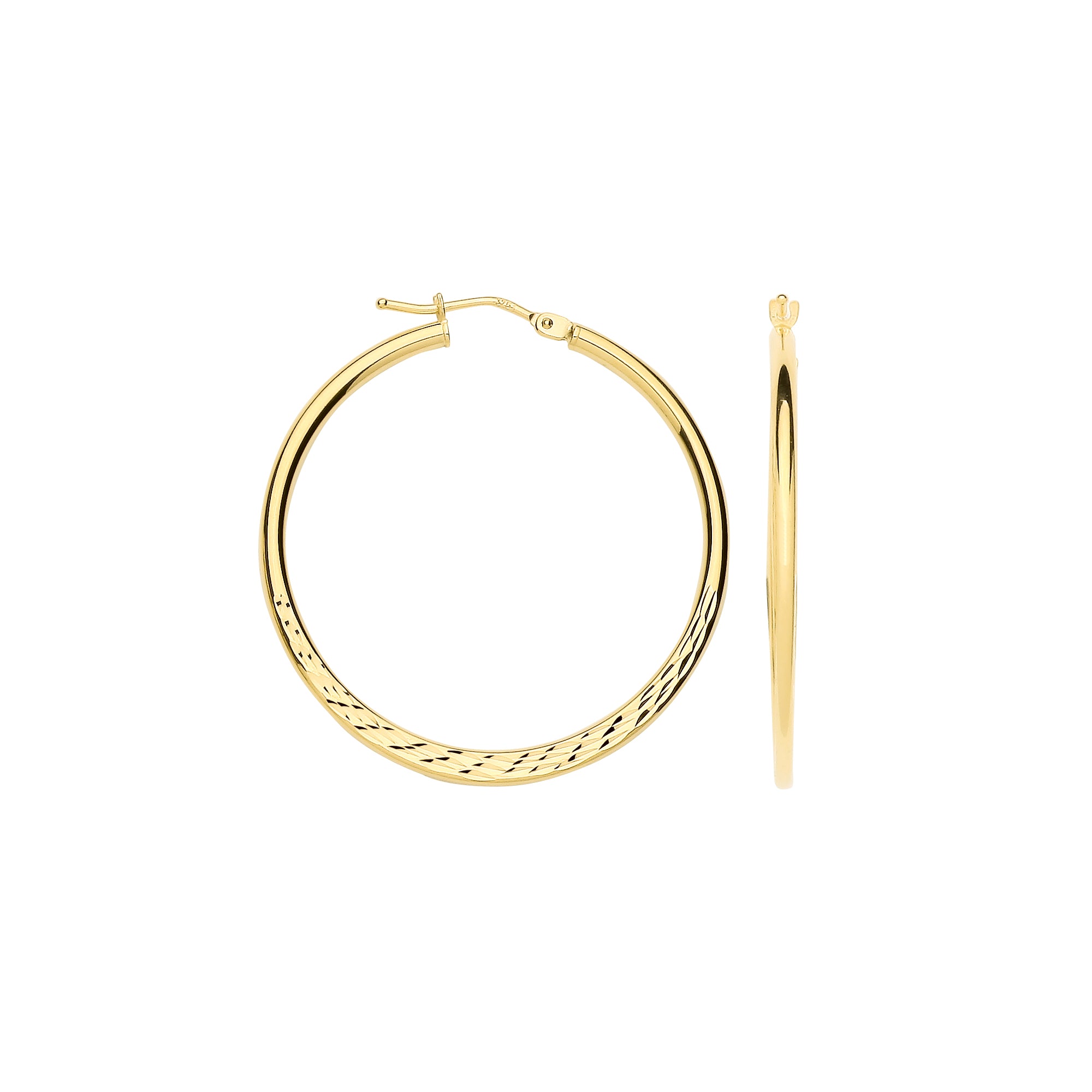 9ct Yellow Gold 30mm Half Diamond Cut Half Plain Hoops