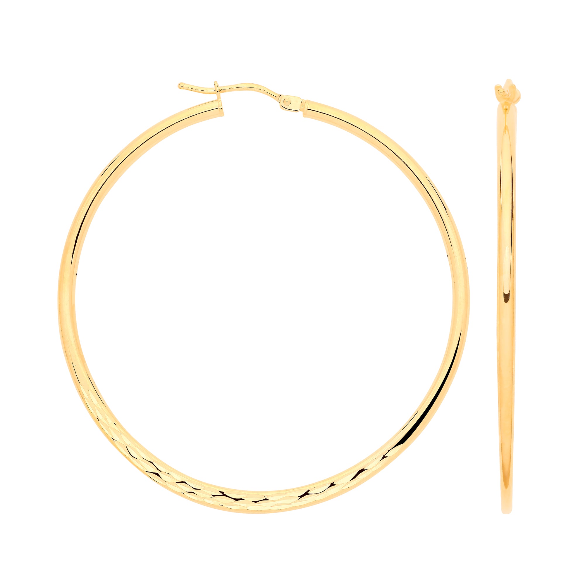 9ct Yellow Gold 40mm Half Diamond Cut Half Plain Hoops
