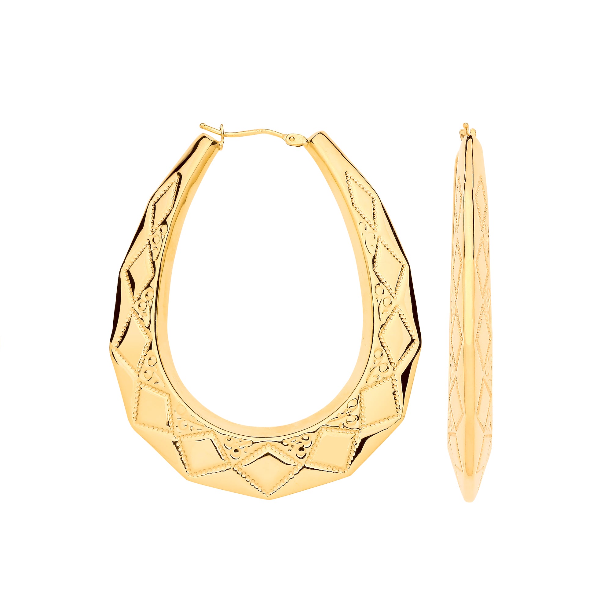 9ct Yellow Gold Diamond Cut Oval 55mm Long, Large Creoles