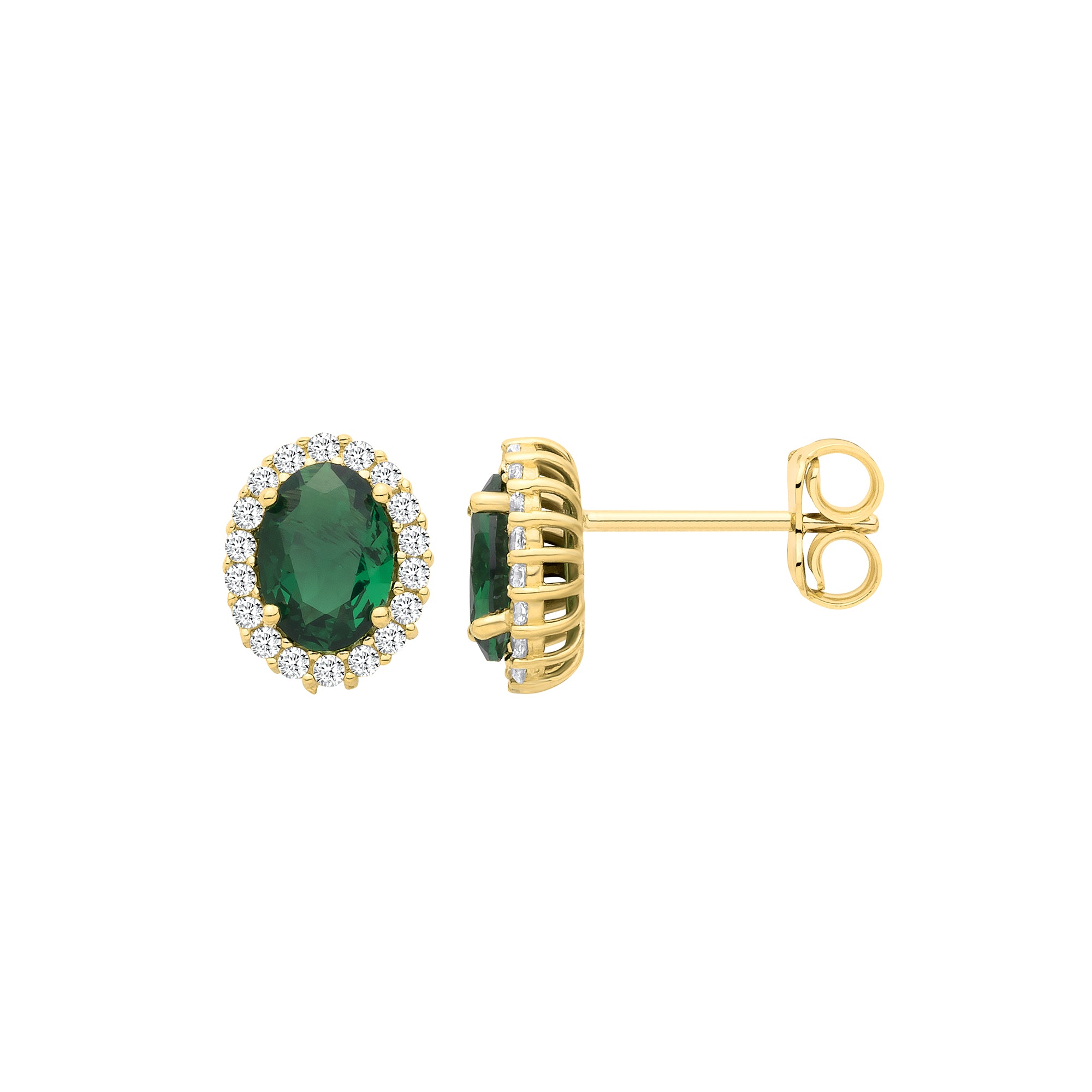 9ct Yellow Gold Green CZ Oval Cut Halo Stud Earrings