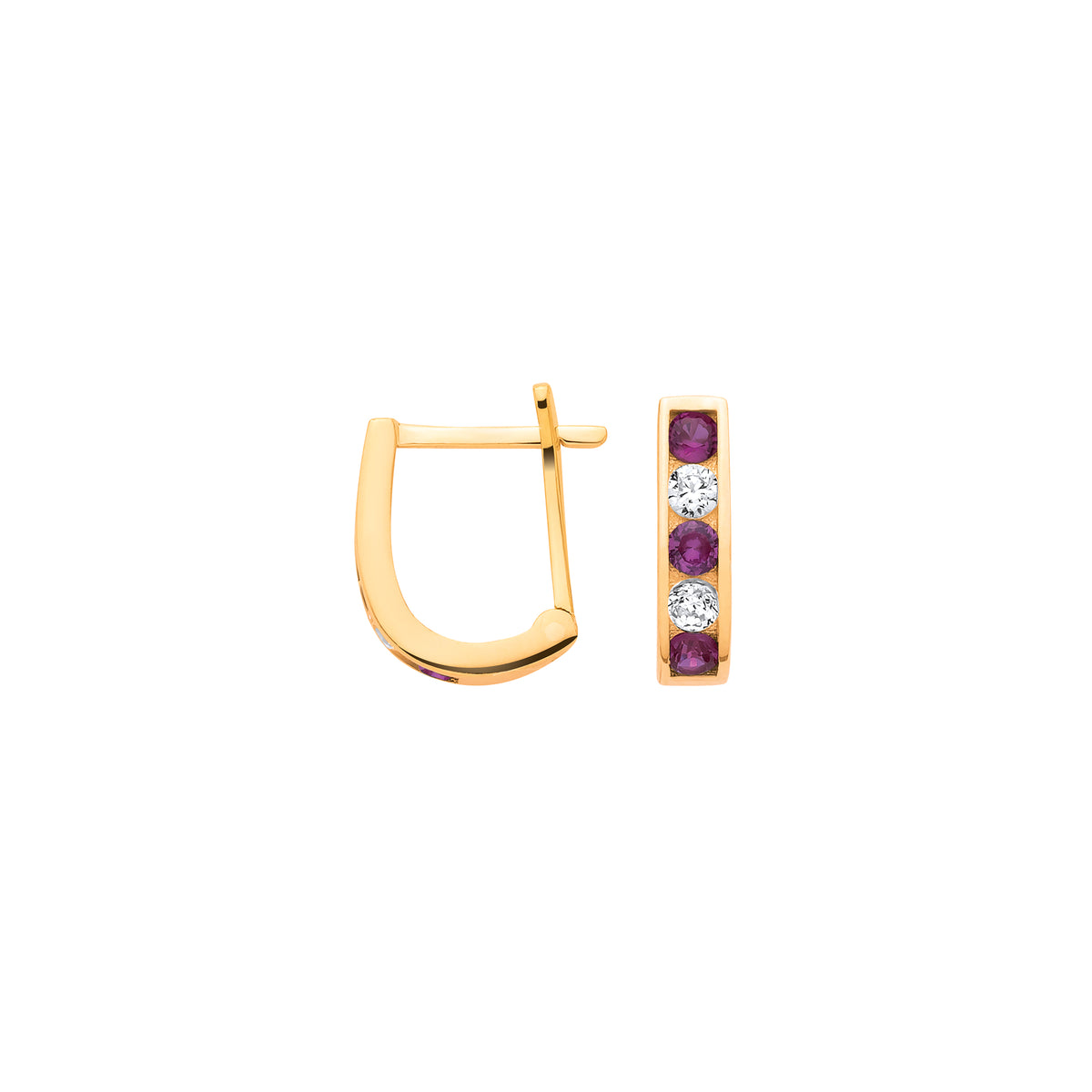 9ct Yellow Gold Red & Clear Cubic Zirconia Channel Set Huggie Earrings