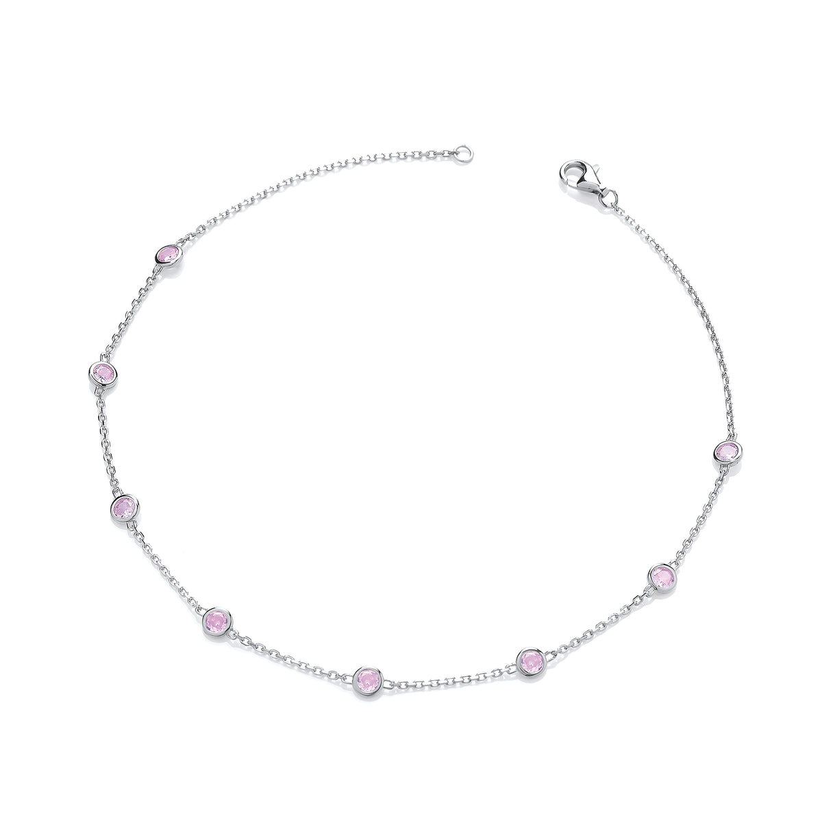 925 Sterling Silver Rubover Pink Cubic Zirconia Ladies Anklet