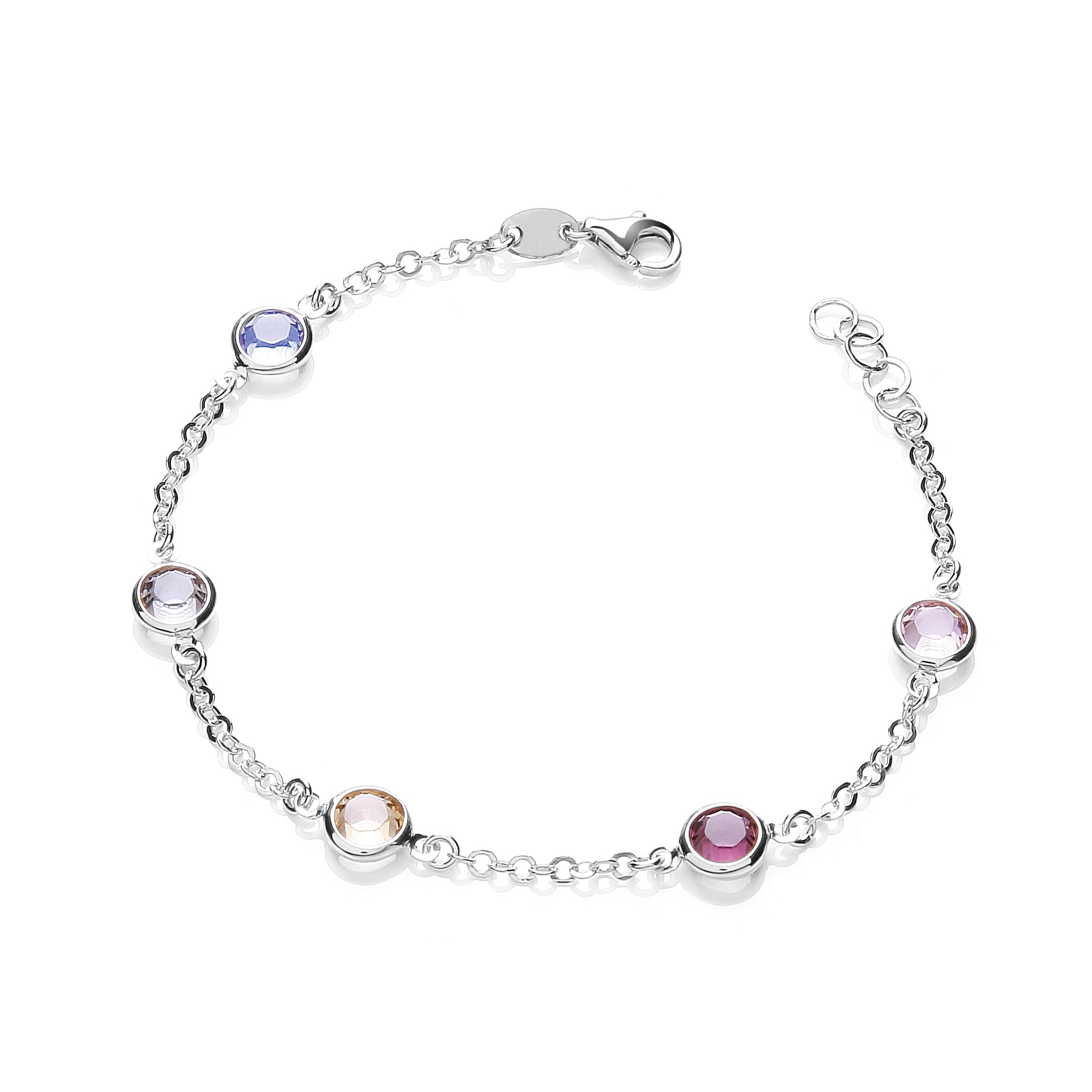 925 Sterling Silver 5 Multi Coloured Rubover CZ Bracelet J-Jaz