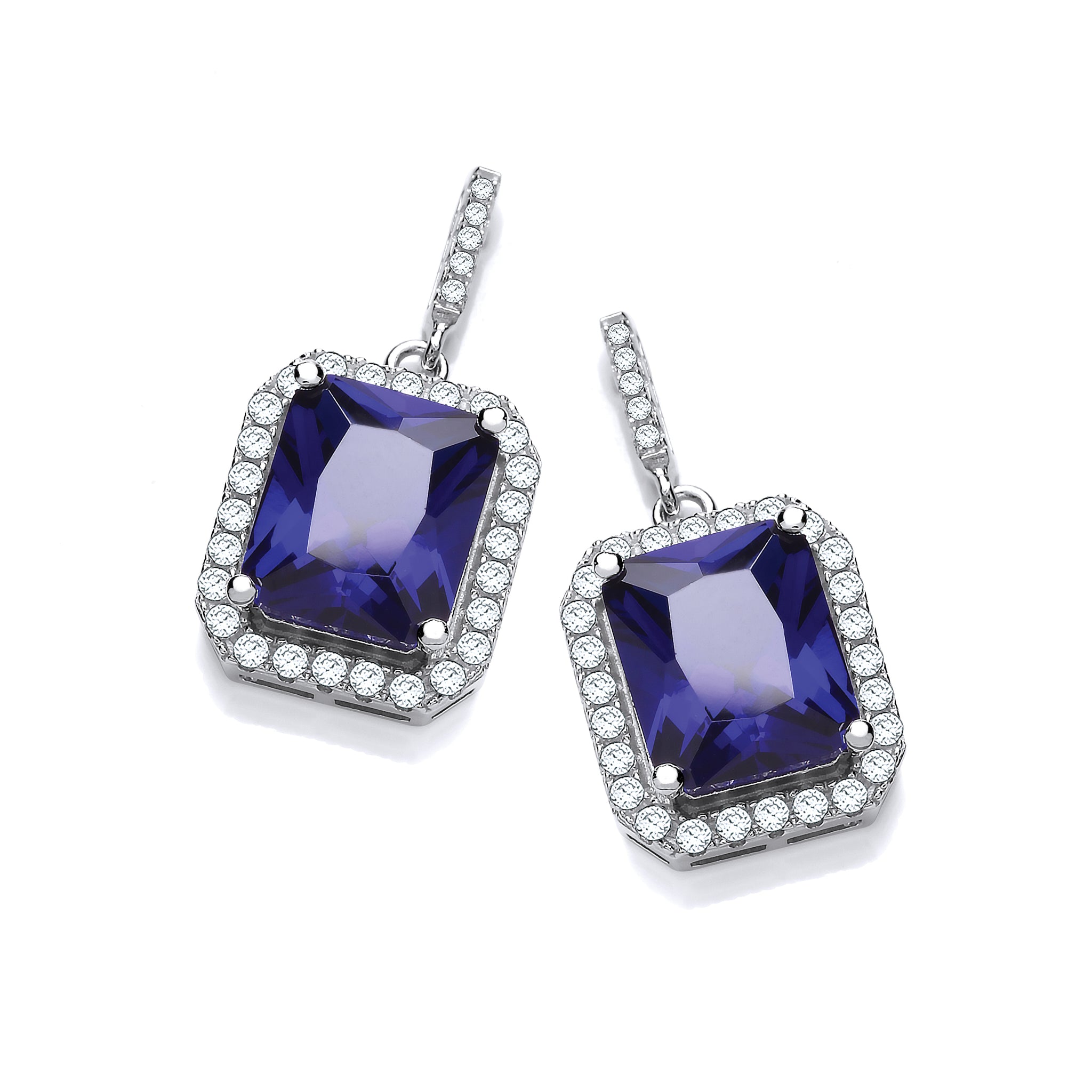 925 Sterling Silver Micro Pave Emerald Cut Sapphire Blue Cz Drop Earrings  J-Jaz