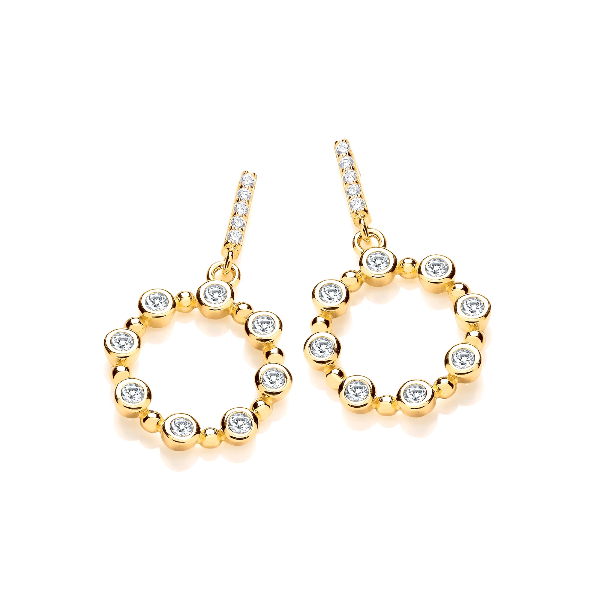 925 Sterling Silver Yellow Gold Plated Rubover CZs Circle Drop Earrings J-Jaz
