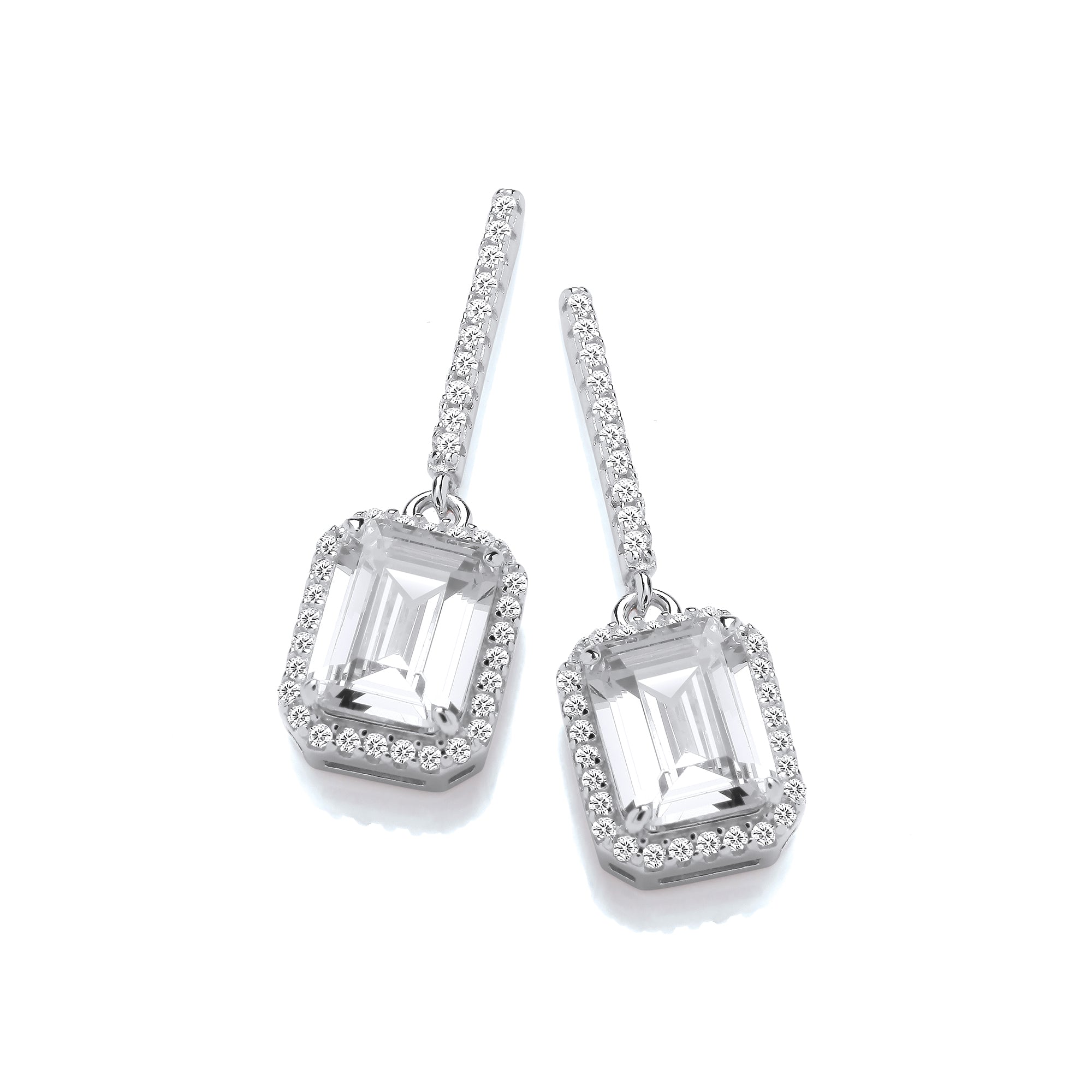 925 Sterling Silver Emerald Cut Cubic Zirconia Halo Silver Drop Earrings - J-Jaz