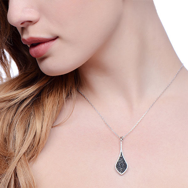 925 Sterling Silver Micro Pave' Black & Clear Drop Pendant with 18" Chain J-Jaz