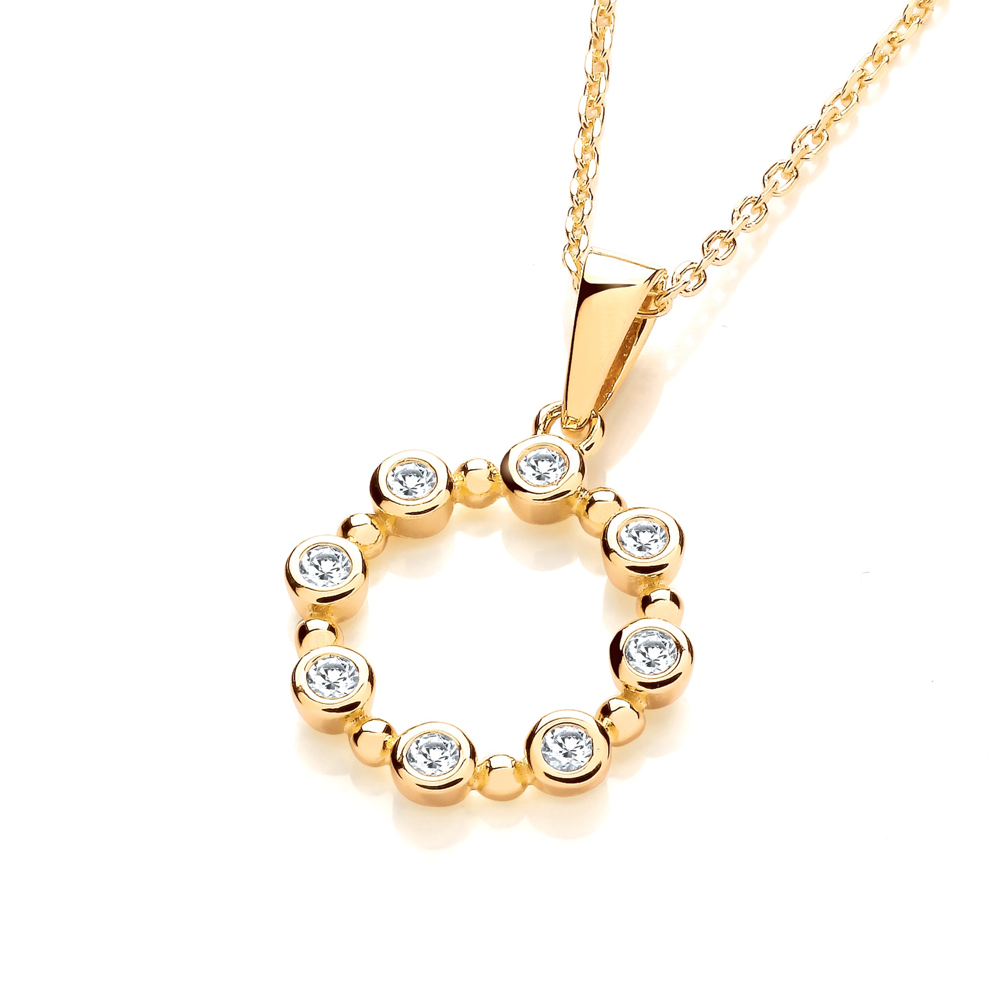 925 Sterling Silver YG Plated Rubover CZs Circle Pendant with Chain J-Jaz