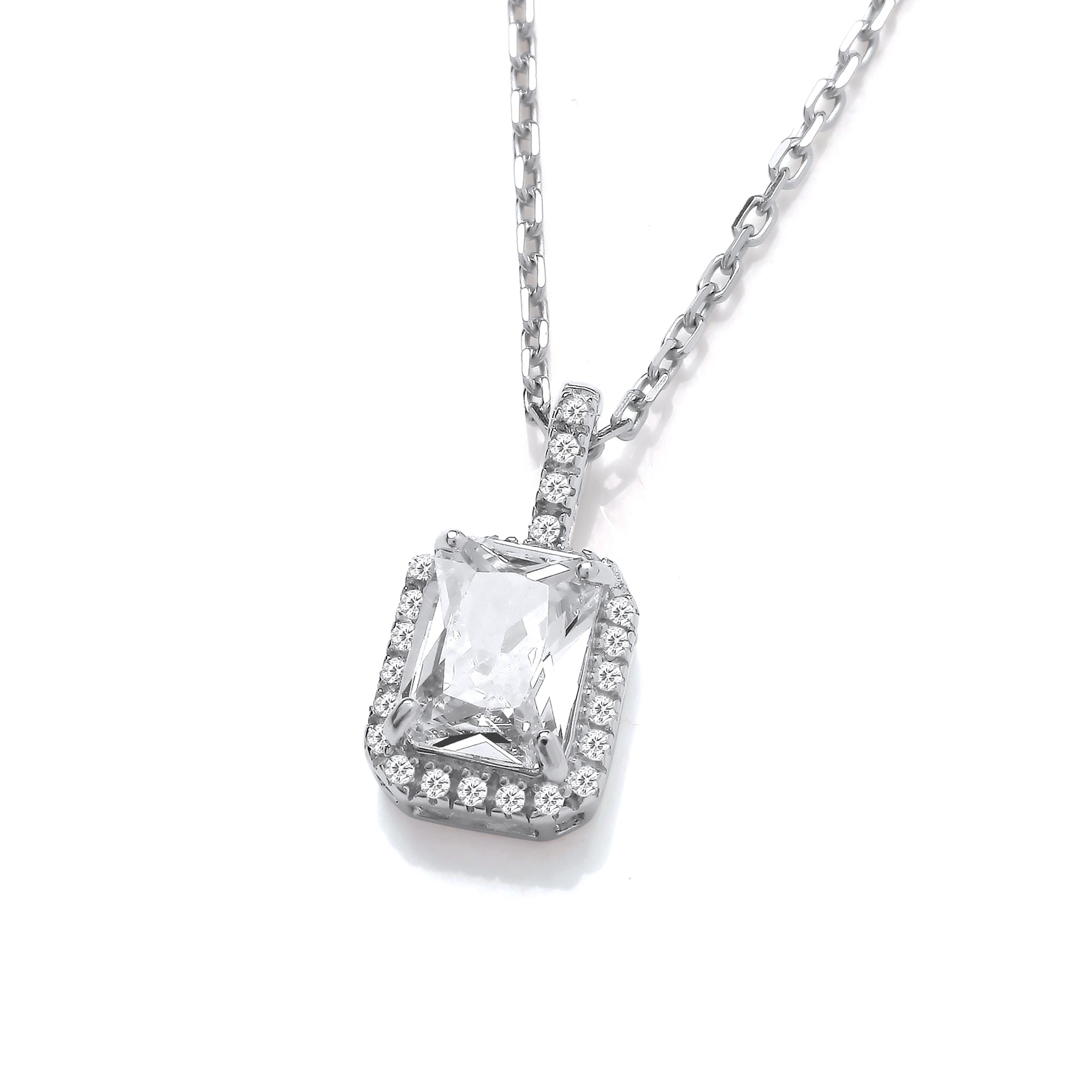 925 Sterling Silver Emerald Cut Cubic Zirconia Halo Pendant with Chain J-Jaz