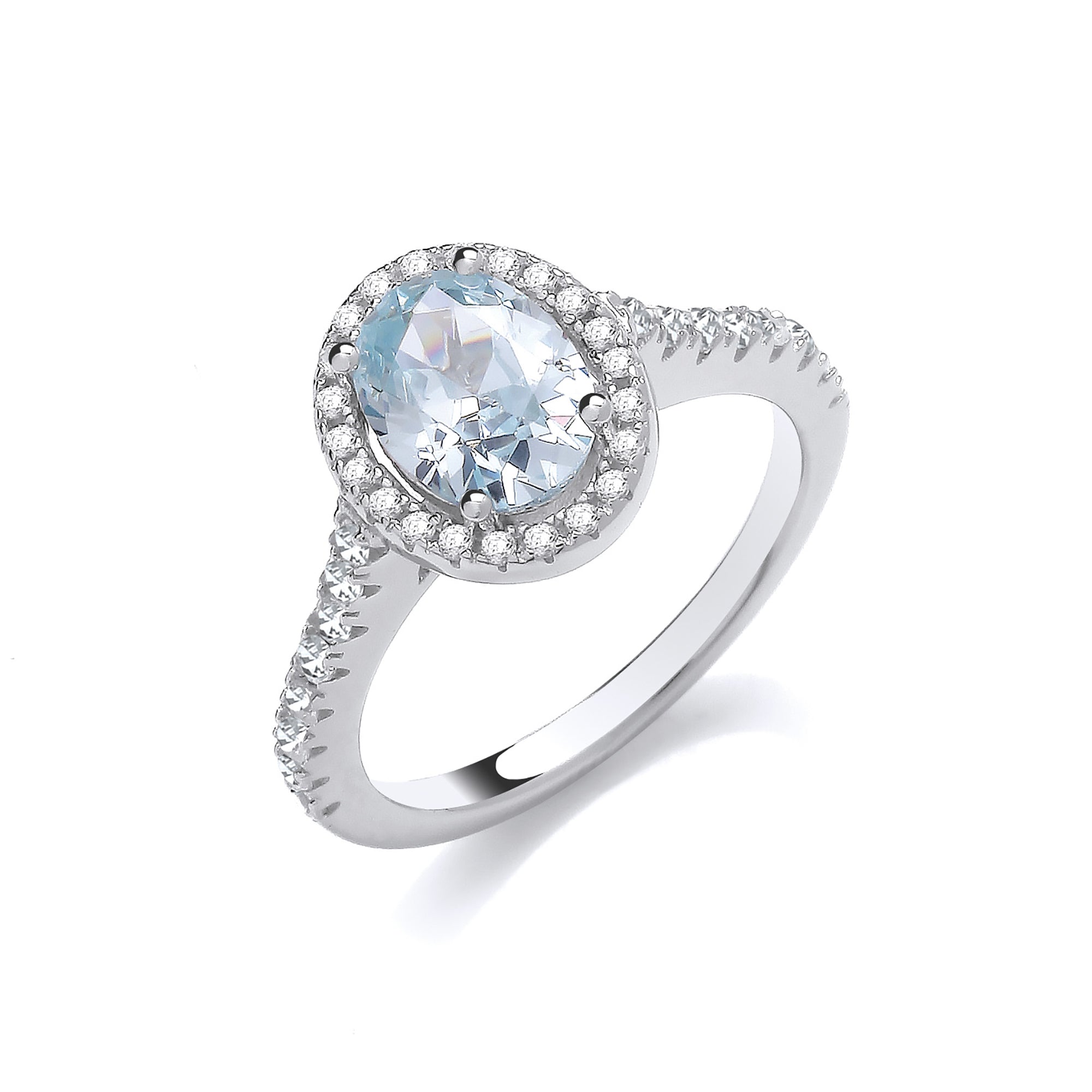 925 Sterling Silver Aquamarine Cz Oval Halo Ring
