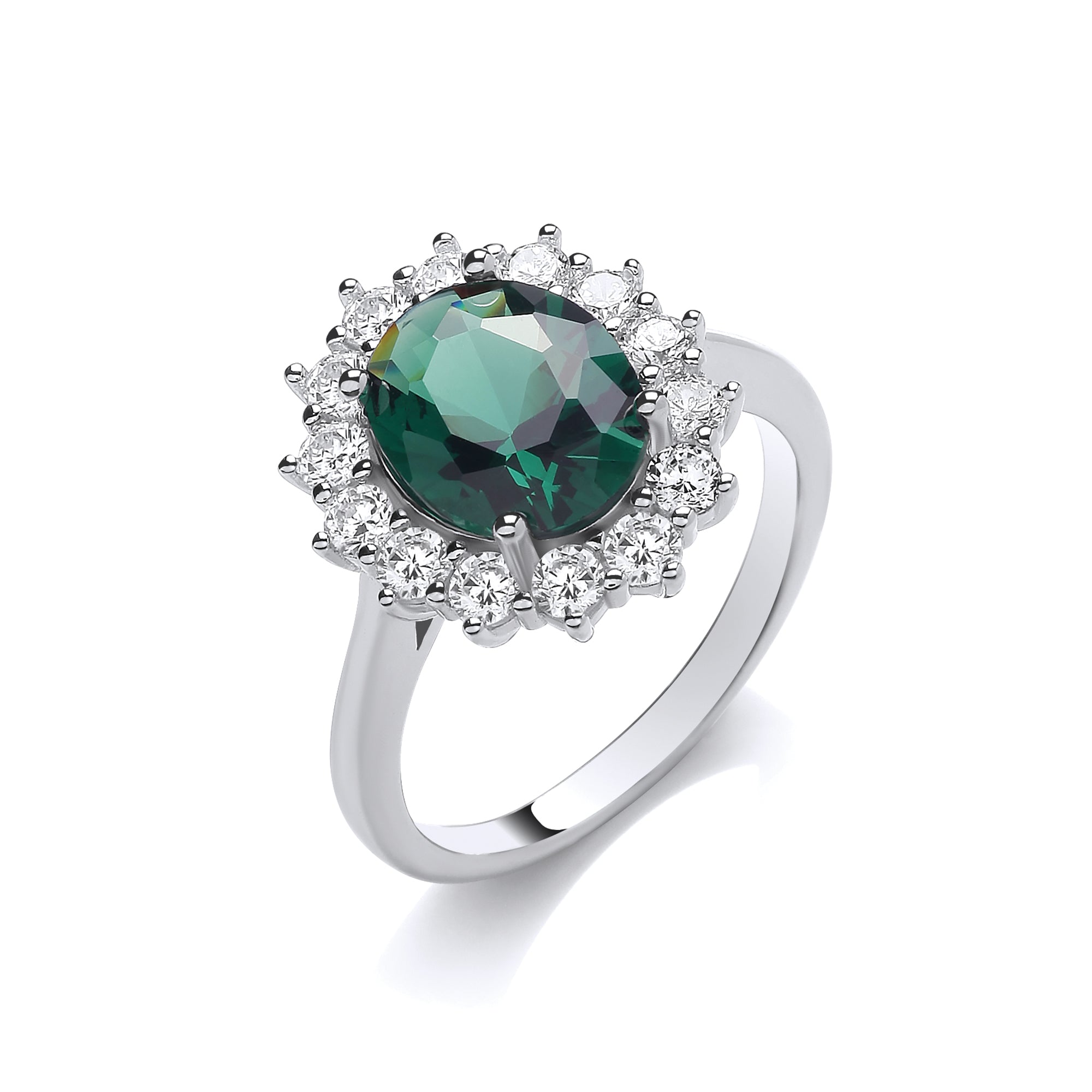 Oval Green Nano Crystal Halo Style Ladies 925 Stirling Silver Ring
