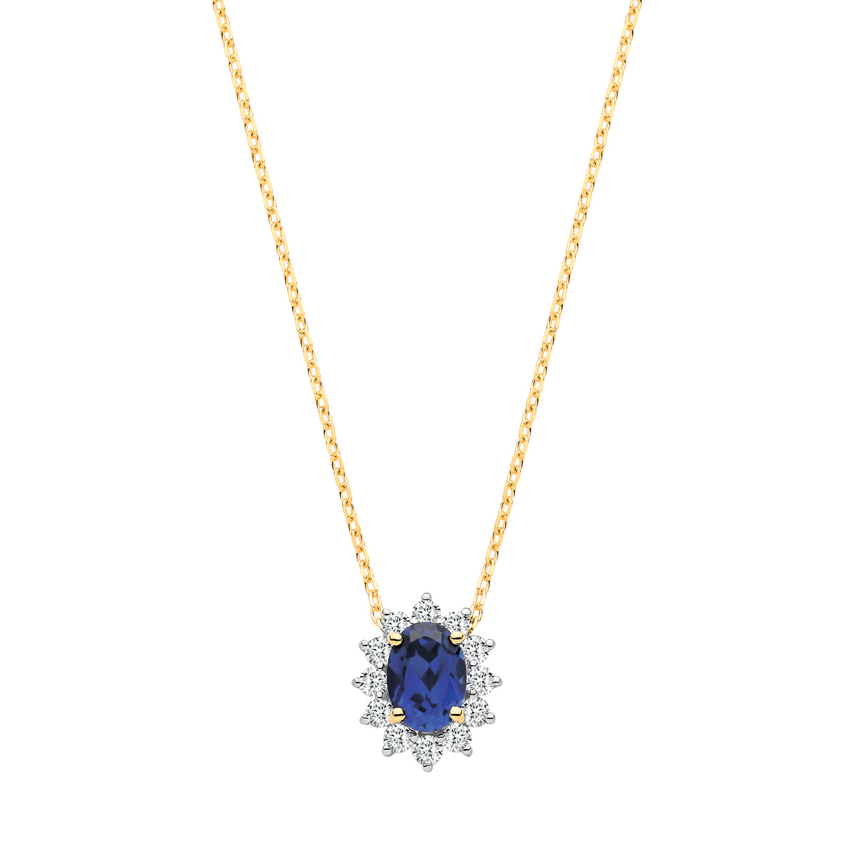 9ct Yellow Gold Lab Grown 0.30ct Solitaire Diamond & 1.10ct Oval Sapphire Pendant With Chain IGI Certified
