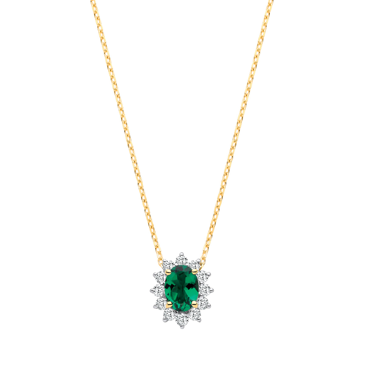 9ct Yellow Gold Lab Grown 0.30ct Solitaire Diamond & 0.65ct Oval Emerald Pendant With Chain IGI Certified