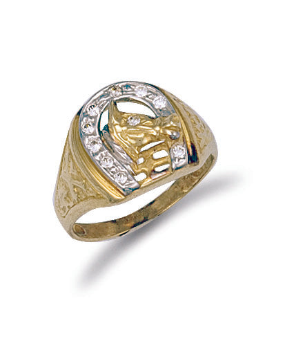 9ct Yellow Gold Horse Shoe & Head Cubic Zirconia Ring