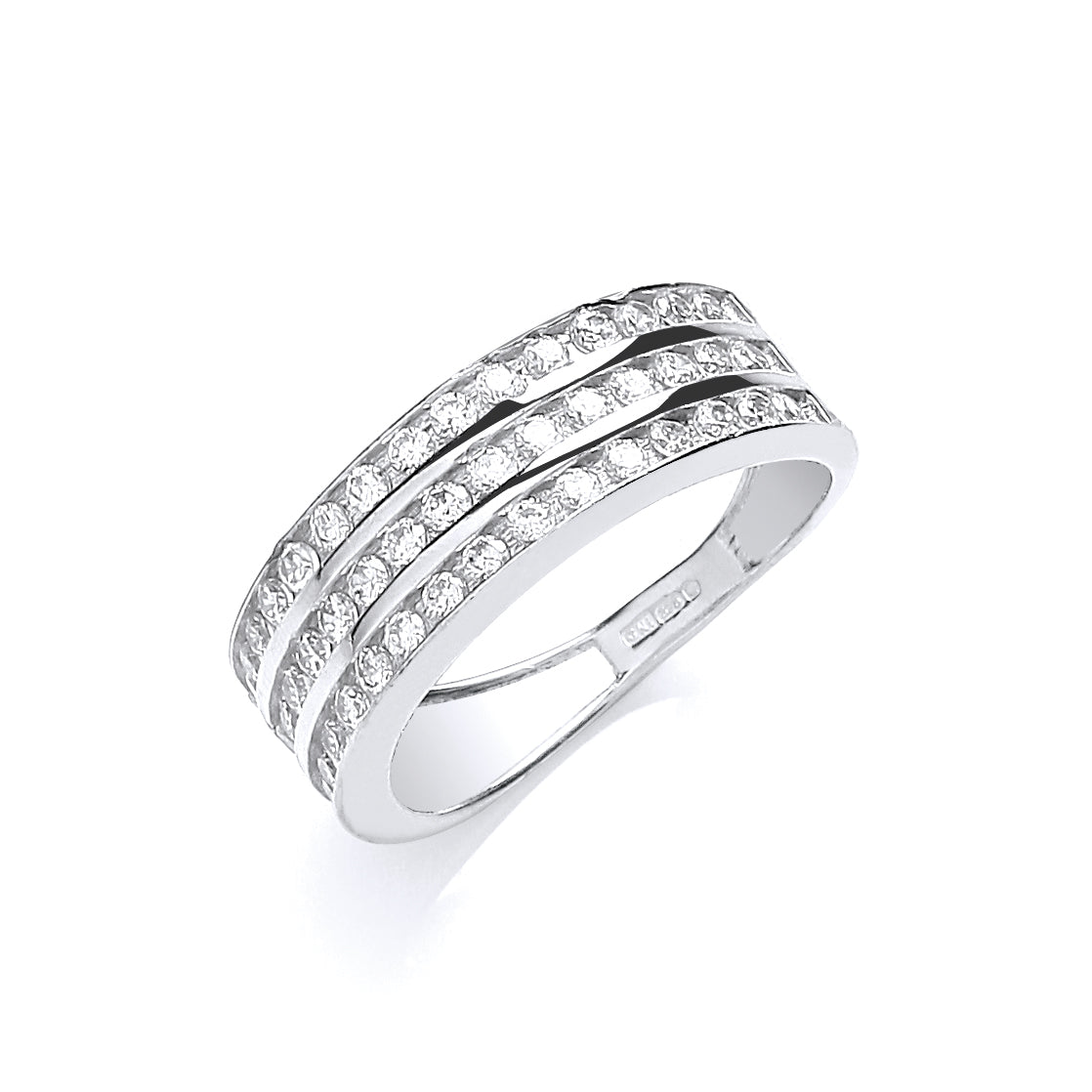 9ct White Gold Ladies Three Row Cz Ring