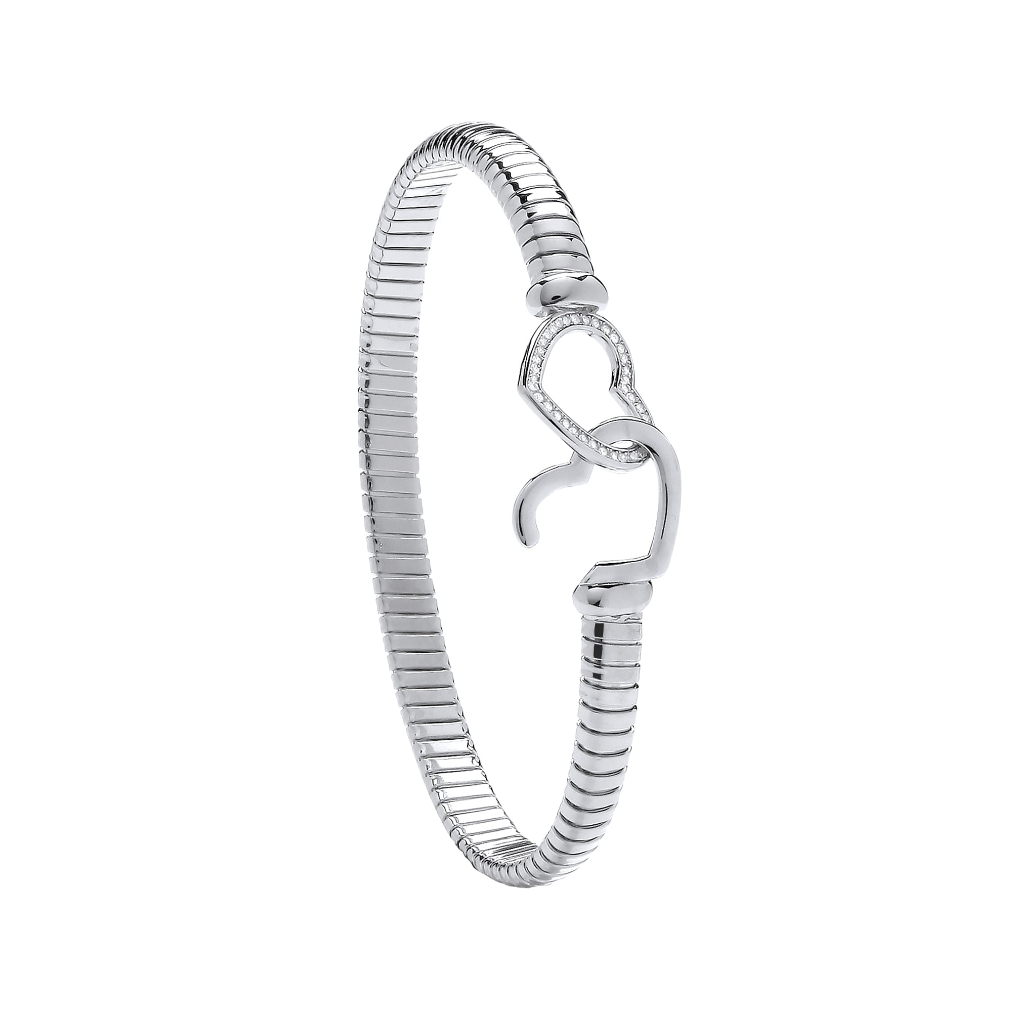 925 Sterling Silver Silver Hearts Hook, Ribbed Ladies Bangle