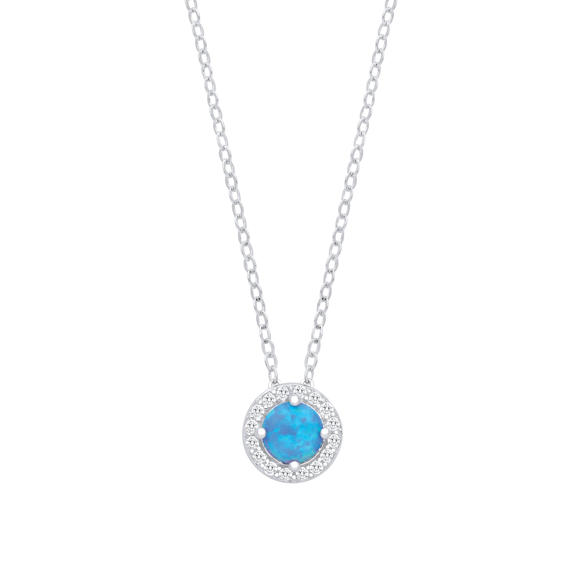 925 Sterling Silver Blue Opal Cubic Zirconia Halo Pendant with Chain