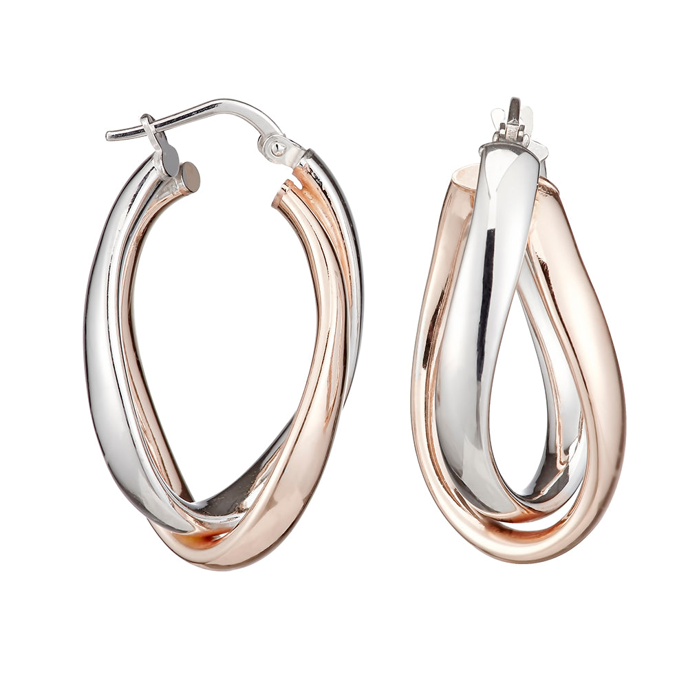 925 Sterling Silver Oval Two Tone Hoop Earrings