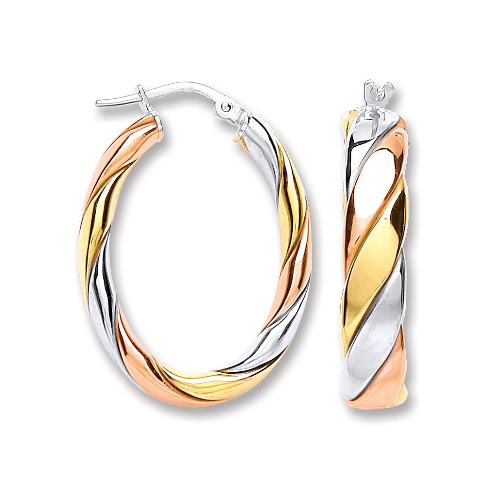 925 Sterling Silver Three Colour Oval Hoop Earrings