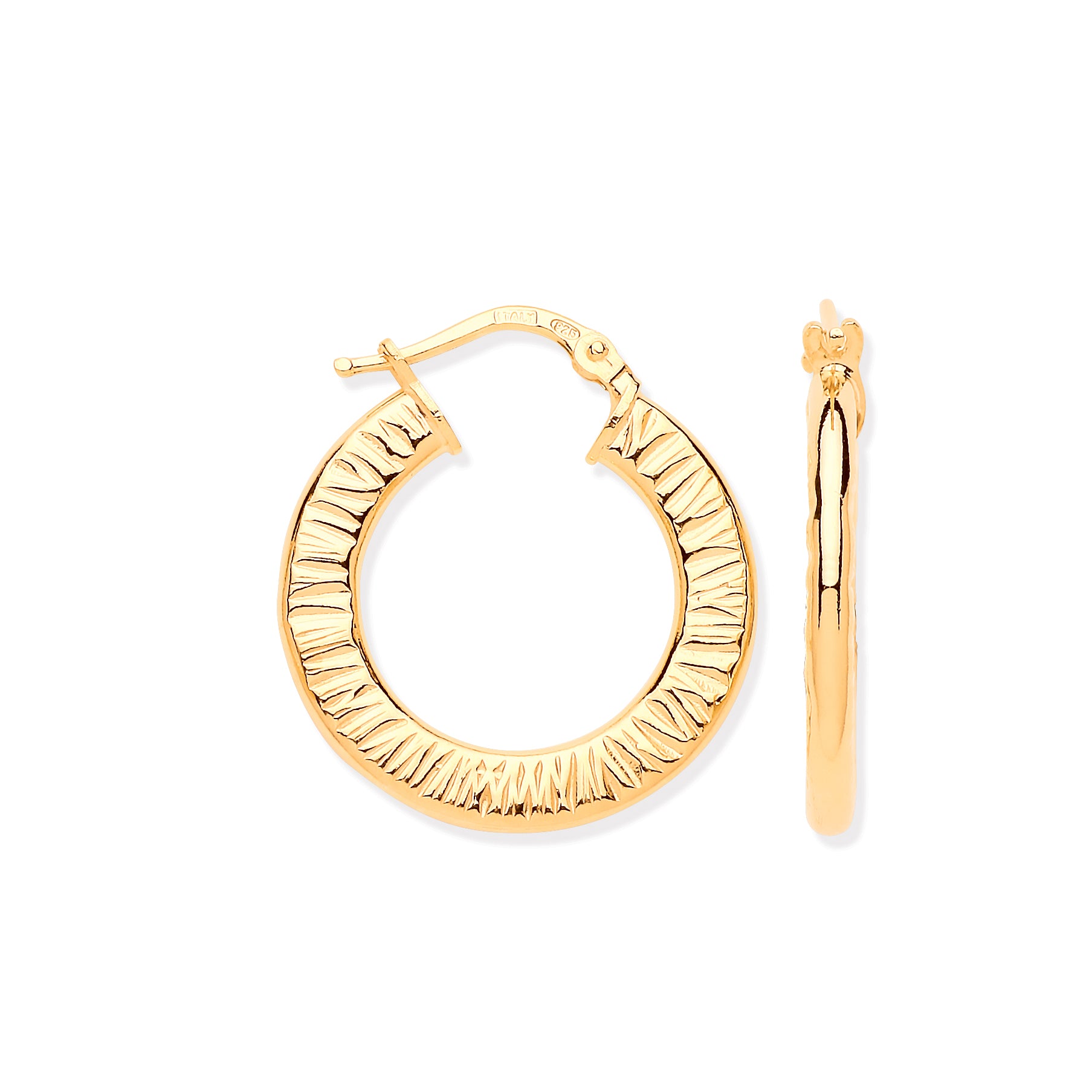 925 Sterling Silver Small Ribbed Yellow Gold Plated Hoop Earrings