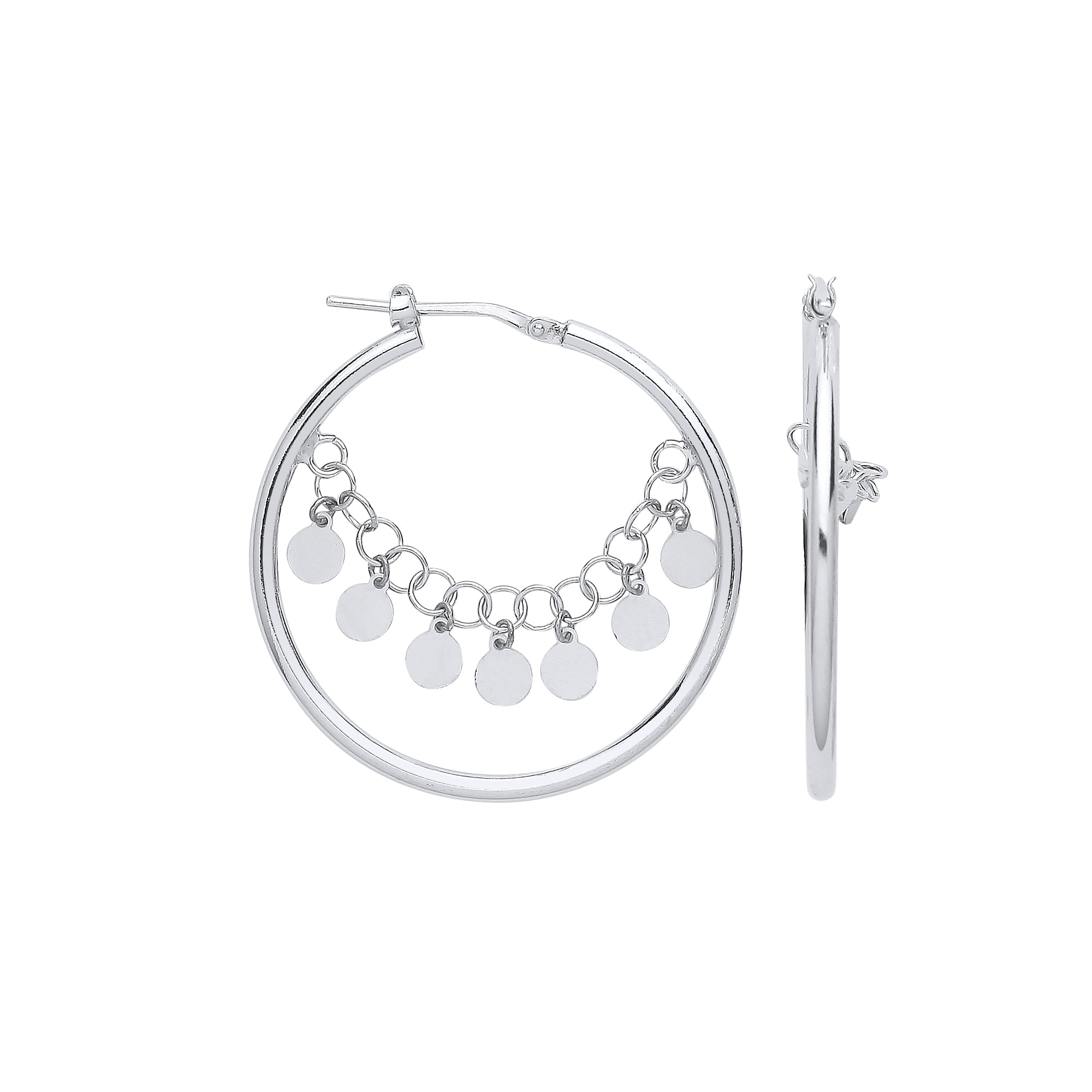 925 Sterling Silver Fancy Hoop with Coin Chain Earrings