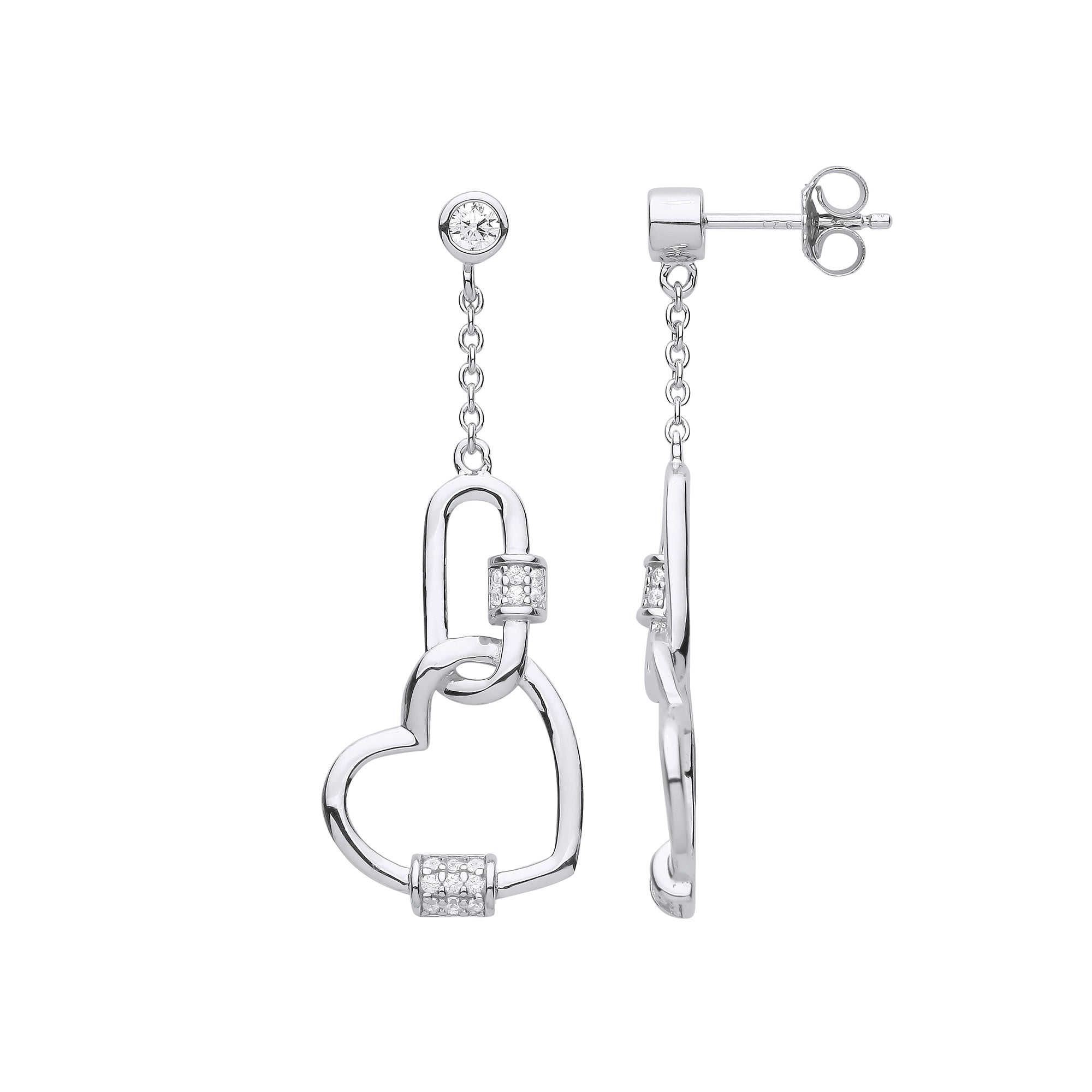 925 Sterling Silver Heart Paper Clip Cubic Zirconia Drop Earrings