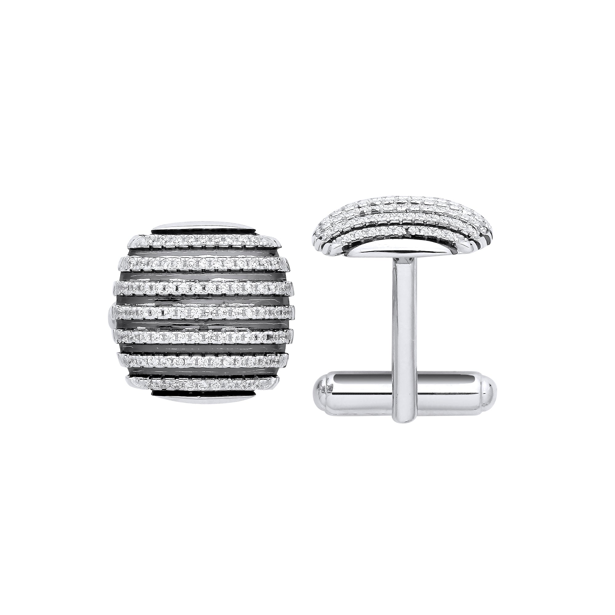 925 Sterling Silver & Black Stripes, Cubic Zirconia Domed Cufflinks