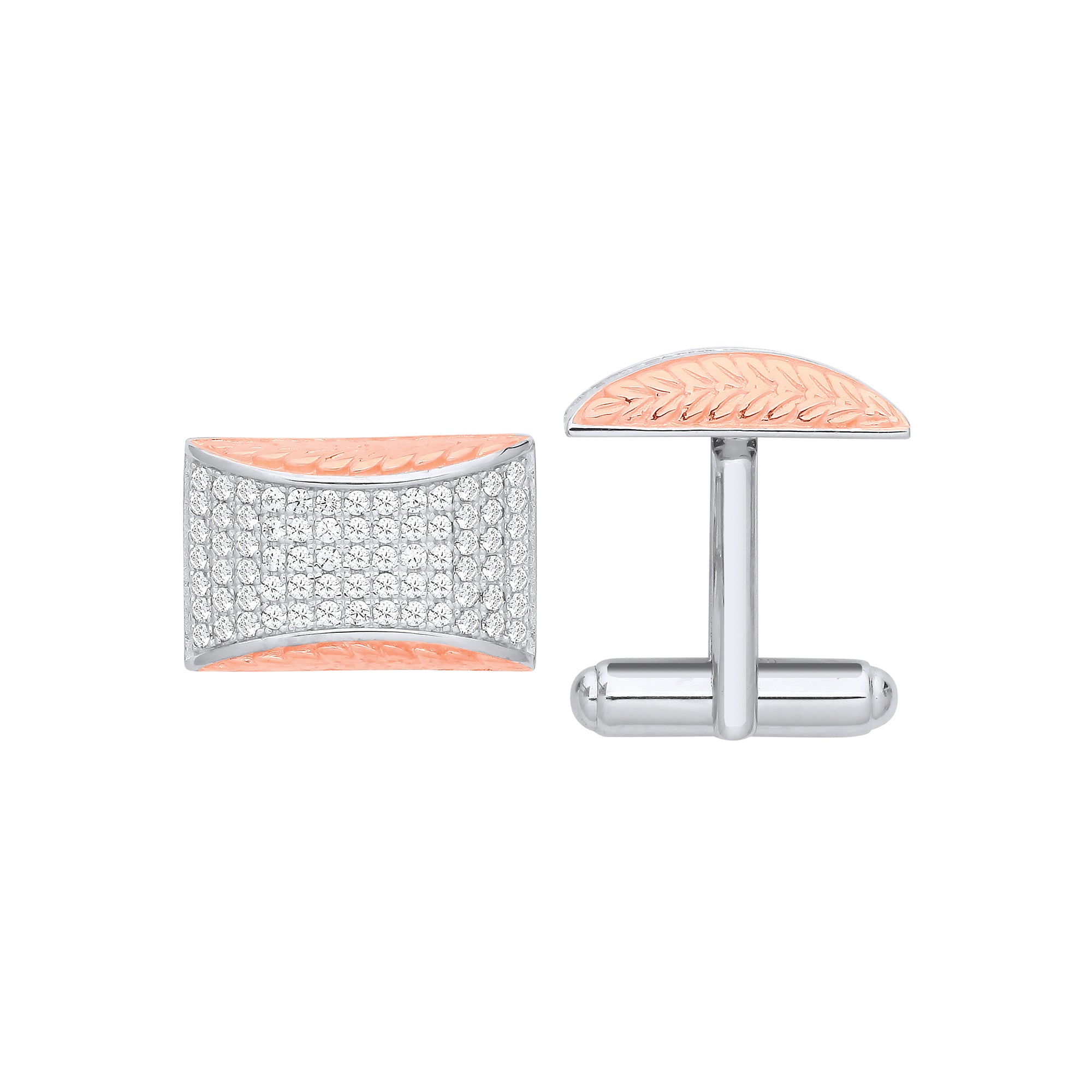 925 Sterling Silver Cubic Zirconia & Rose Gold Plating Barley Design Cufflinks