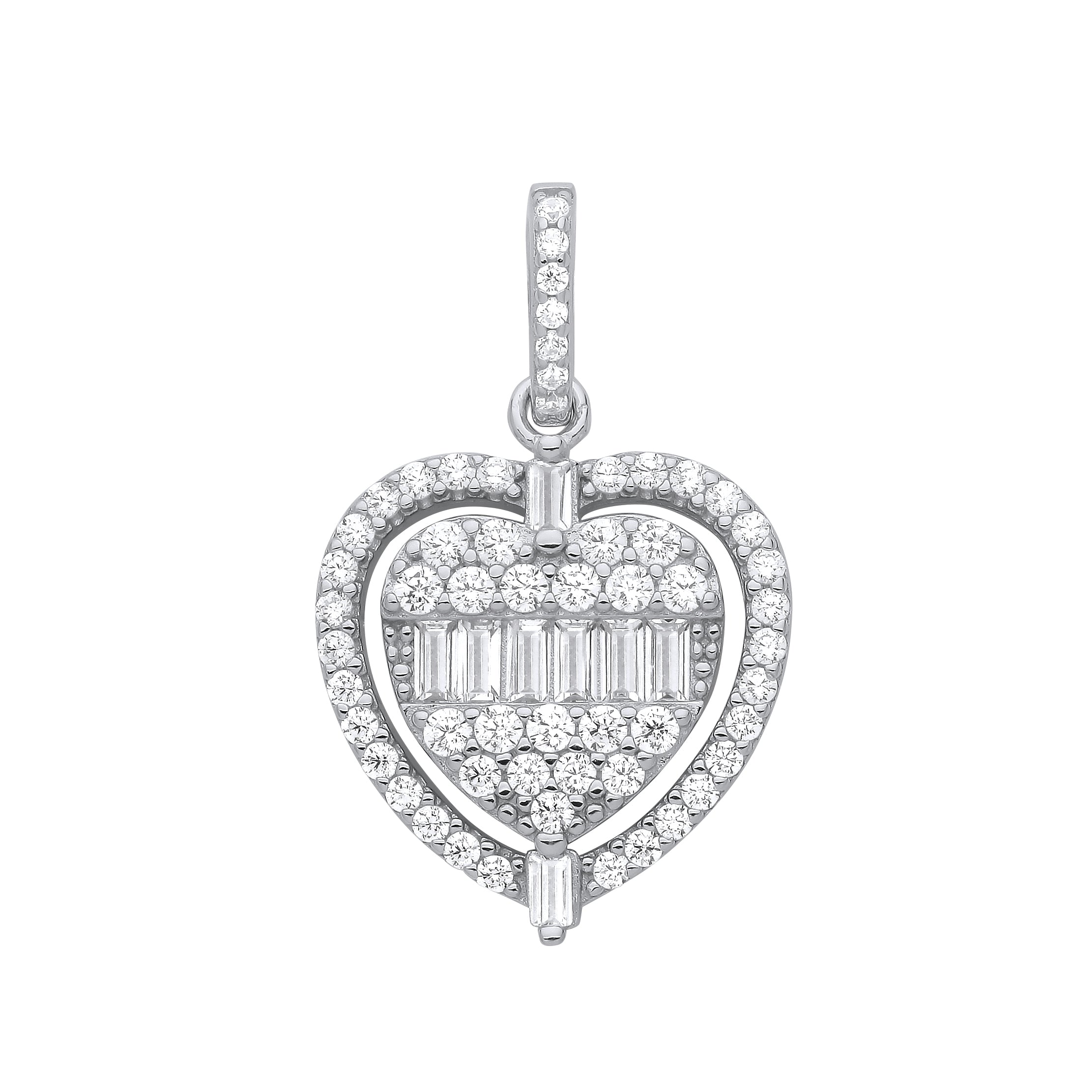 925 Sterling Silver Baguette & Round Cut Heart Cz Cluster Pendant with Chain