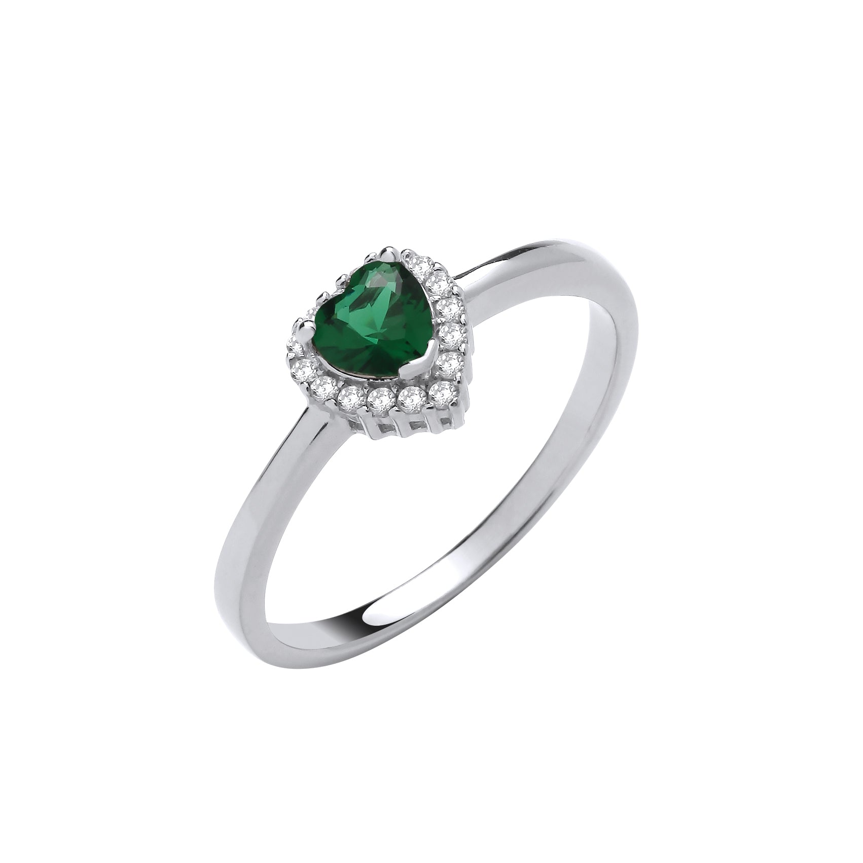 925 Sterling Silver Emerald Green Cz Halo Heart Ring
