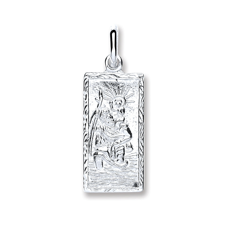 925 Sterling Silver Rectangle St Christopher, Plain Back Pendant with Chain