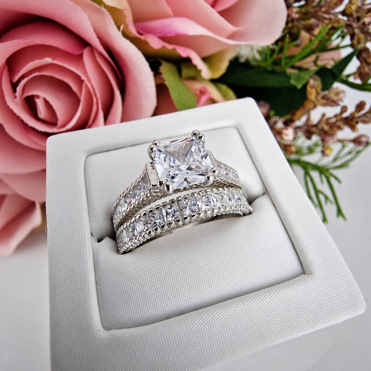 925 Sterling Silver Princess Cut Cz Ladies Ring Set With Migraine Sides