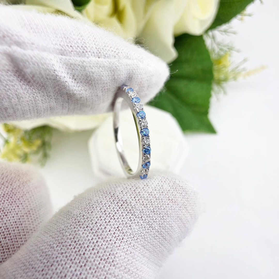 925 Sterling Silver Aqua & White Cz Full Eternity Ring
