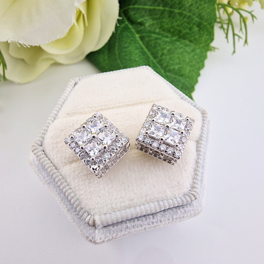 925 Sterling Silver Cz 4 Princess Cut Stud Earrings
