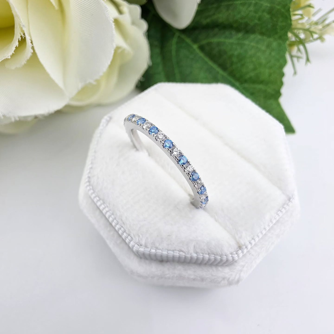 925 Sterling Silver Aqua & White Cz Full Eternity Ring