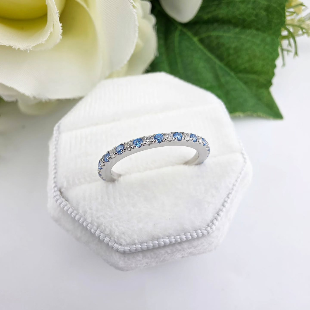 925 Sterling Silver Aqua & White Cz Full Eternity Ring