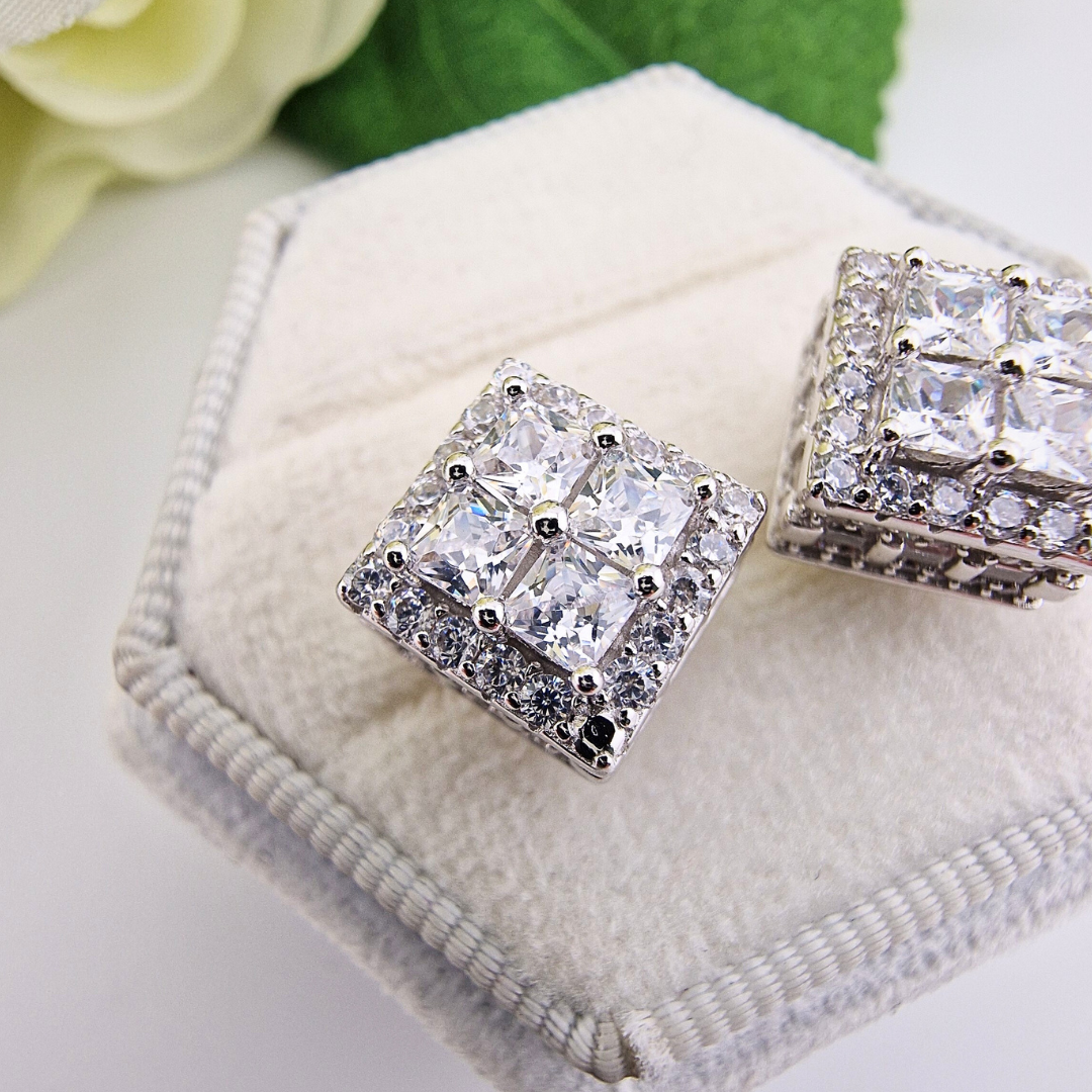 925 Sterling Silver Cz 4 Princess Cut Stud Earrings