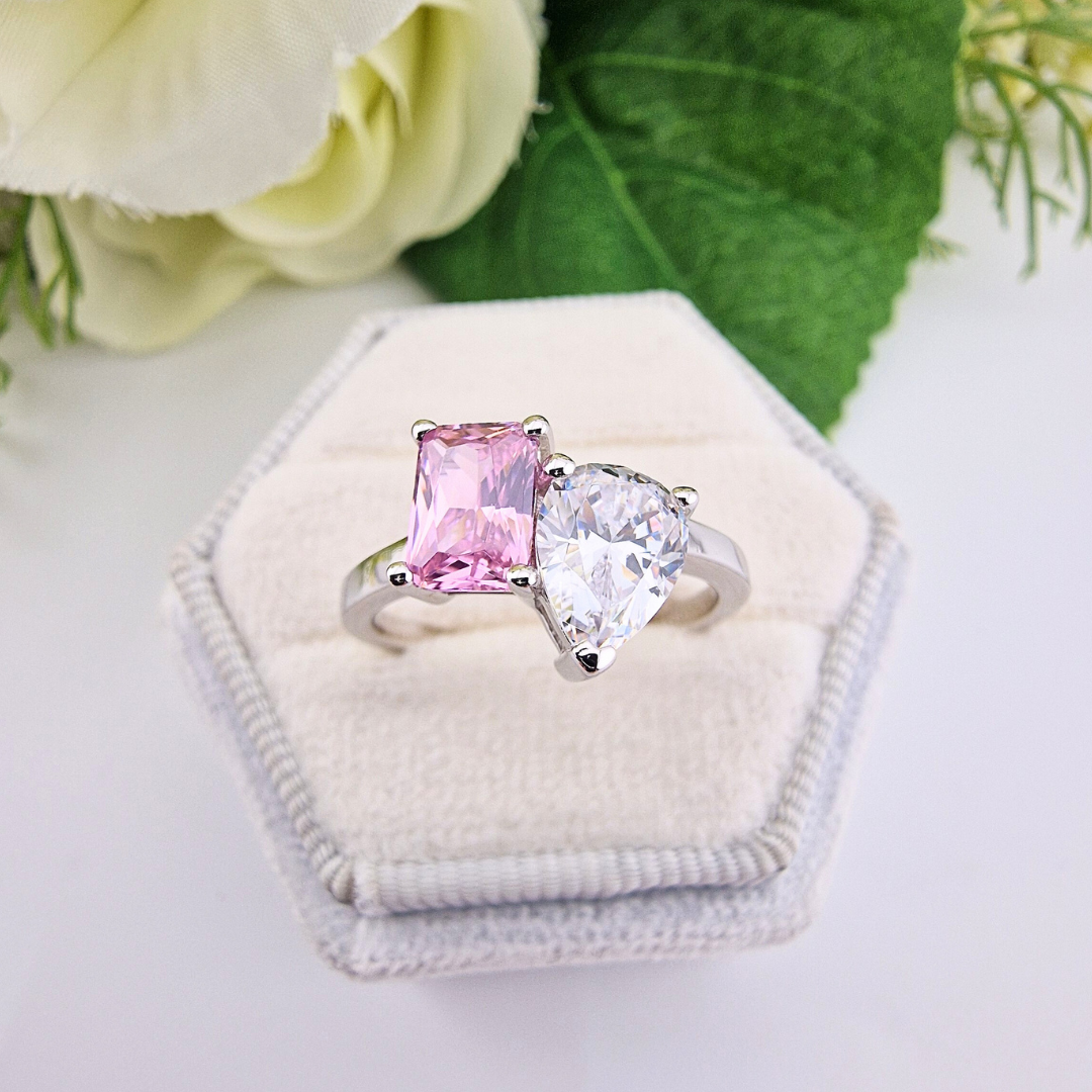 925 Sterling Silver Pink & White Cz Tension Crossover Ring