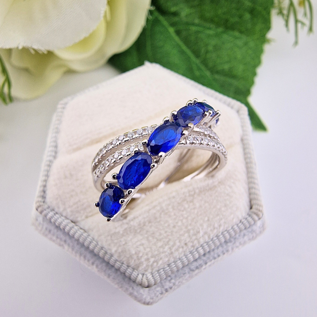 925 Sterling Silver Blue Sapphire & White Cz Fancy Crossover Ring