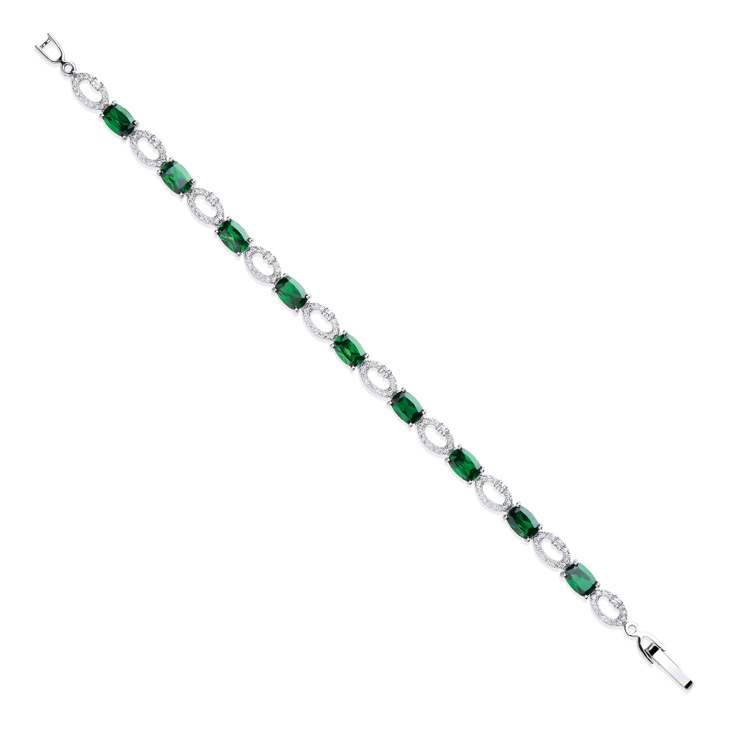 925 Sterling Silver Oval Cut Green & Clear CZs Tennis Bracelet
