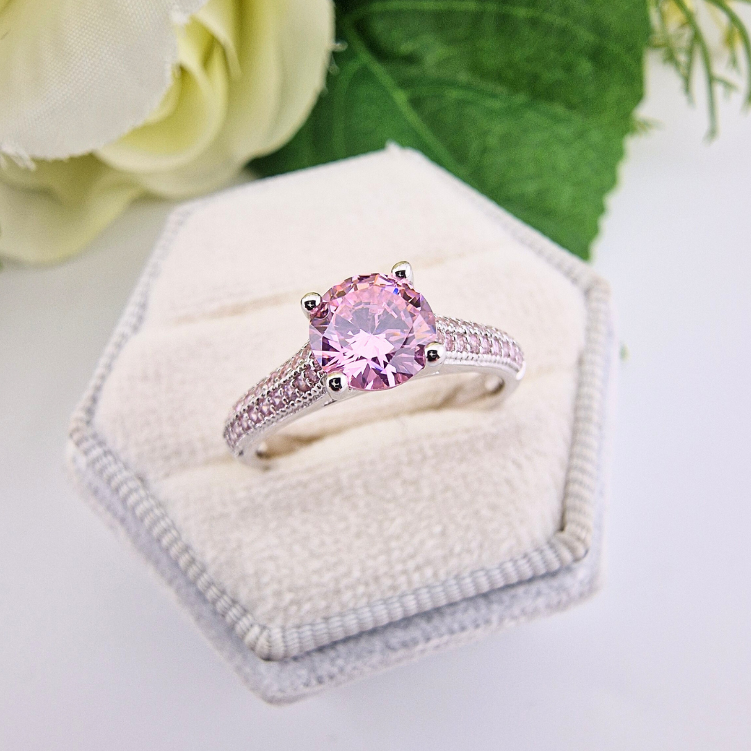 925 Sterling Silver Pink Cz Solitaire Ring with Pink Pave Set Cz Band