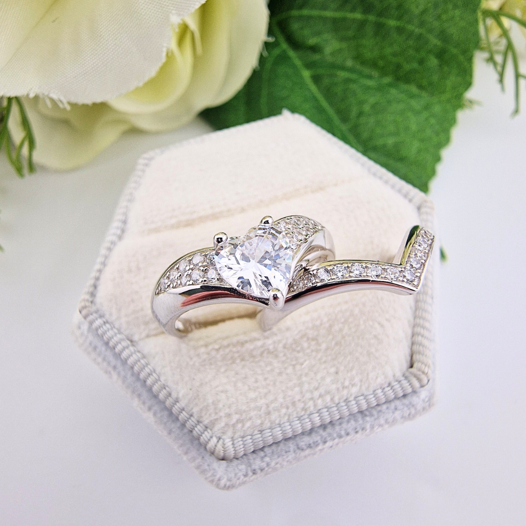 925 Sterling Silver Cz Wishbone Ring Set with Heart Cut Centre Stone