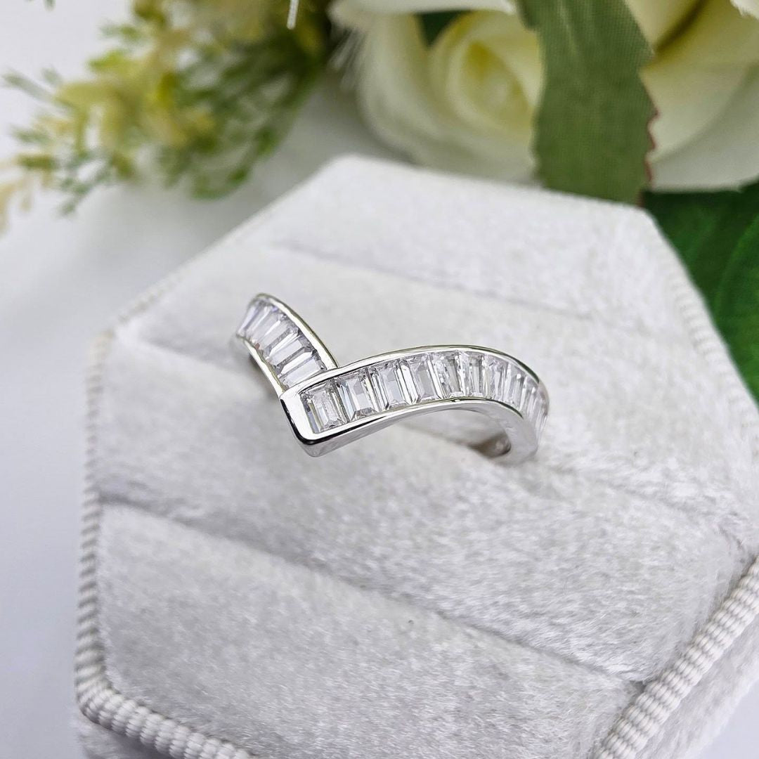 925 Sterling Silver Baguette Cut CZ Channel Set Wishbone Ring