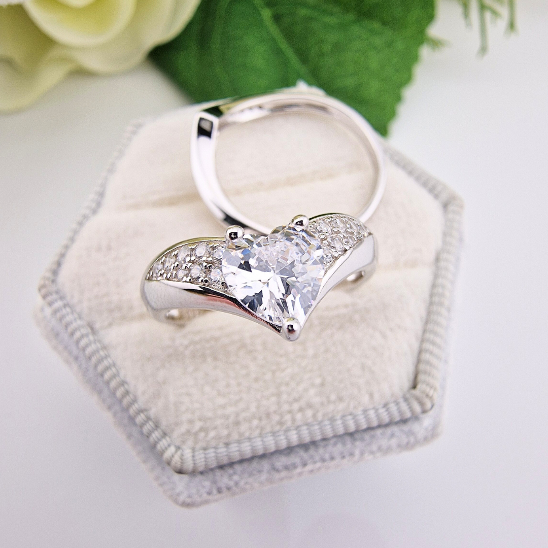 925 Sterling Silver Cz Wishbone Ring Set with Heart Cut Centre Stone