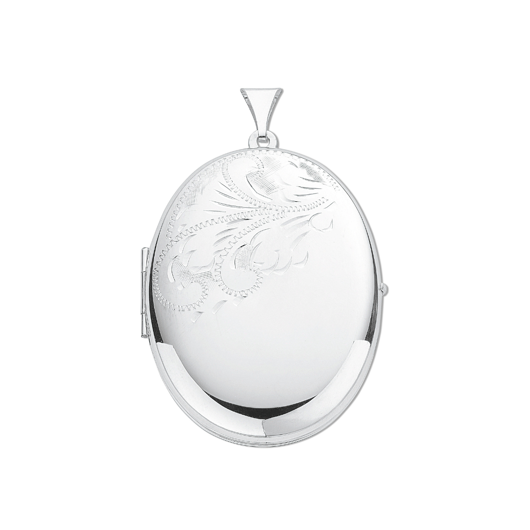 925 Sterling Silver Large Engraved Oval Shaped Locket with Chain