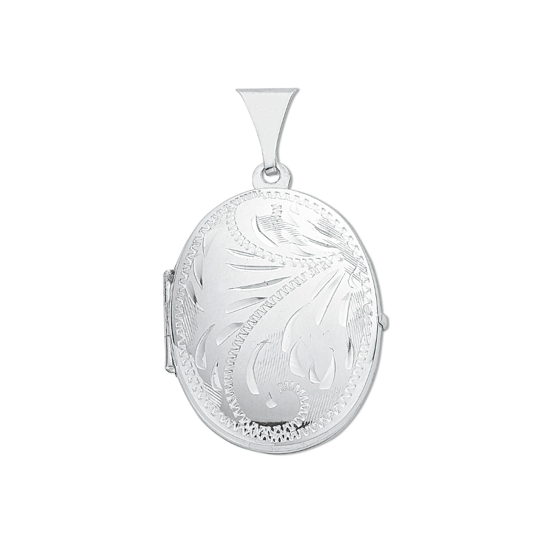 925 Sterling Silver Medium Engraved Oval Shaped Locket with Chain